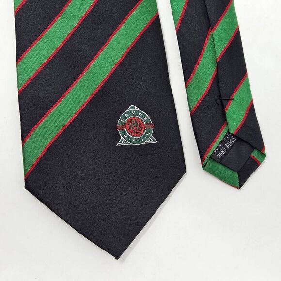ROVOS RAIL AFRICAN RAIL SILK TIE BLACK GREEN RED REPP STRIPE SATIN 3.25" X 60" - Picture 2 of 3